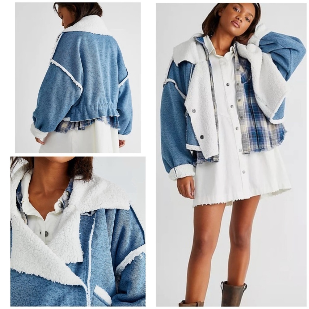 EUC Free People Josephine Sweater Sherpa Fleece Oversized Moto Sweater Jacket XS
